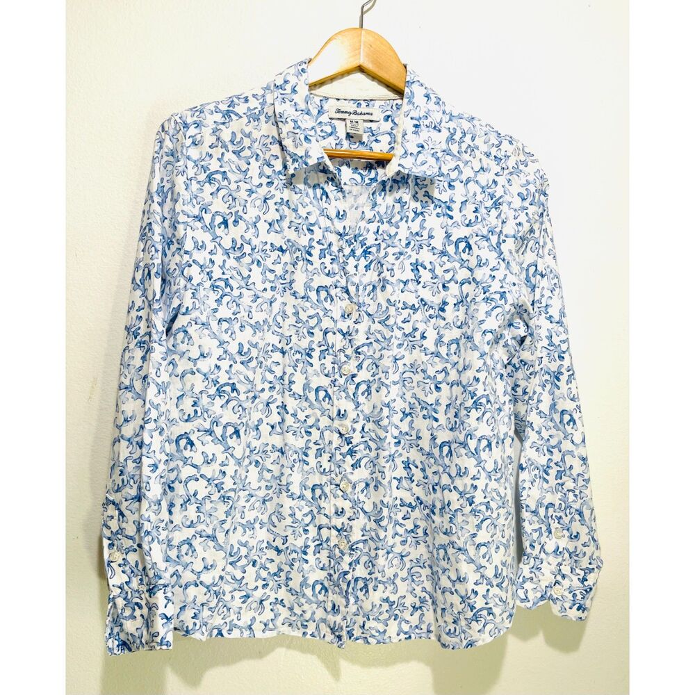 Tommy Bahama linen button up shirt coral blue beach coastal summer women M